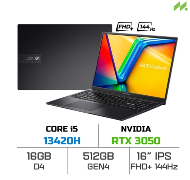 Laptop Asus Gaming Vivobook K3605VC - RP364W (i5 13420H, 16GB, 512GB, RTX 3050 4GB, WUXGA 144Hz, Win11)