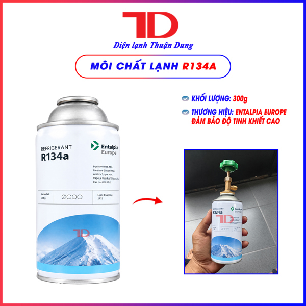 Môi chất lạnh lon R134a Entalpia Europe G.W. 300g, N.W. 195g, dùng cho tủ lạnh, ô tô (30l/t)