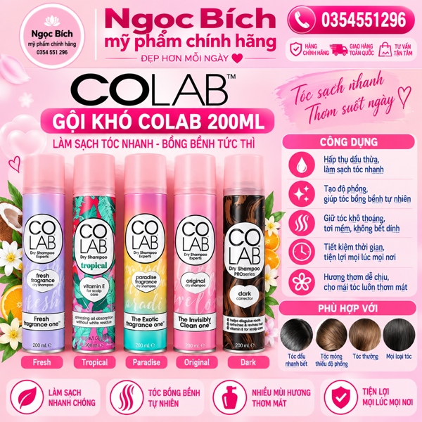 Gội Khô Colab 200ml vitamin E Xanh