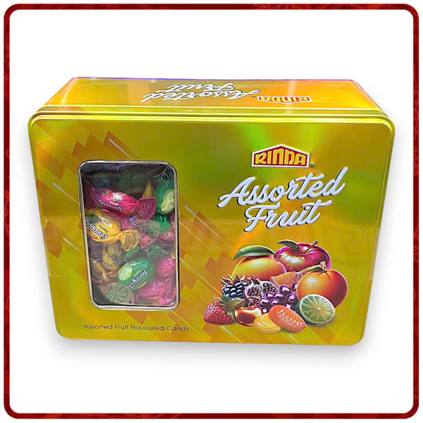 KẸO TRÁI CÂY HỖN HỢP RINDA HỘP THIẾC CHỮ NHẬT LỚN 180G