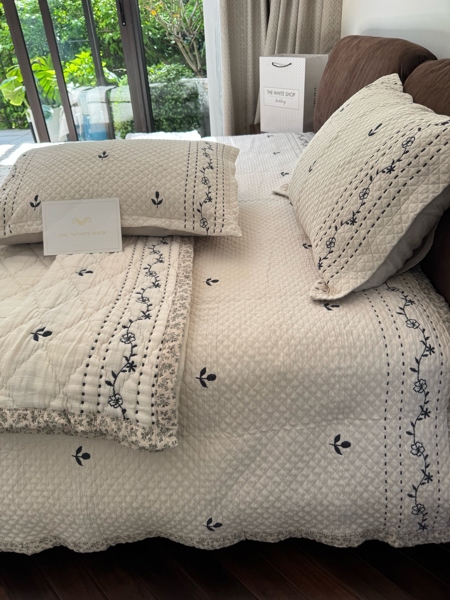 Bộ ga "Thanh Thảo" | Cotton sa 10 lớp - Chần trám, Hoa tuylip xanh - MA02