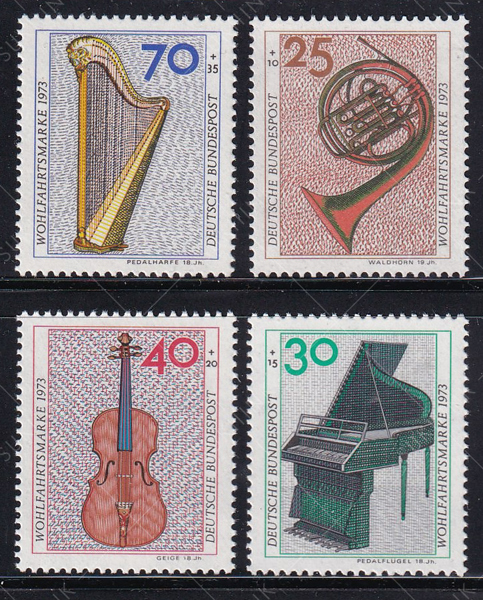 Bộ 4 Tem Bưu Chính Tây Đức - Nhạc Cụ Cổ | BRD - Welfare Music Instruments 1973 (4) | Mint