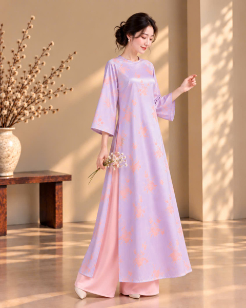 Áo dài suông cổ tròn lua hoa