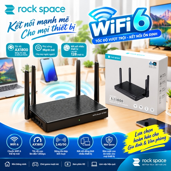 Modem / Router WiFi 6 Rock Space AX1800 Chính Hãng, 4 ăng ten, chuẩn WIFI 6 ( RSD0619 )