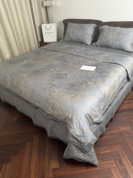 Bộ ga chần Vip "Lục Dã" | Cotton Lyocel 80S - Chần full - Họa tiết cây lá - - Xanh xám khói - LX44