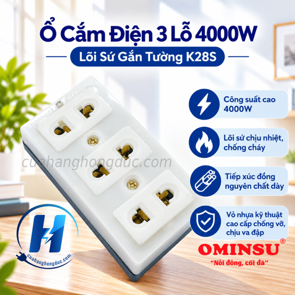 Ổ cắm 3 cửa lõi sứ K28S