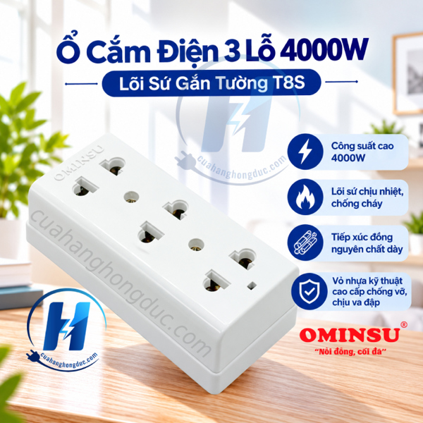 Ổ cắm 3 cửa lõi sứ T8S