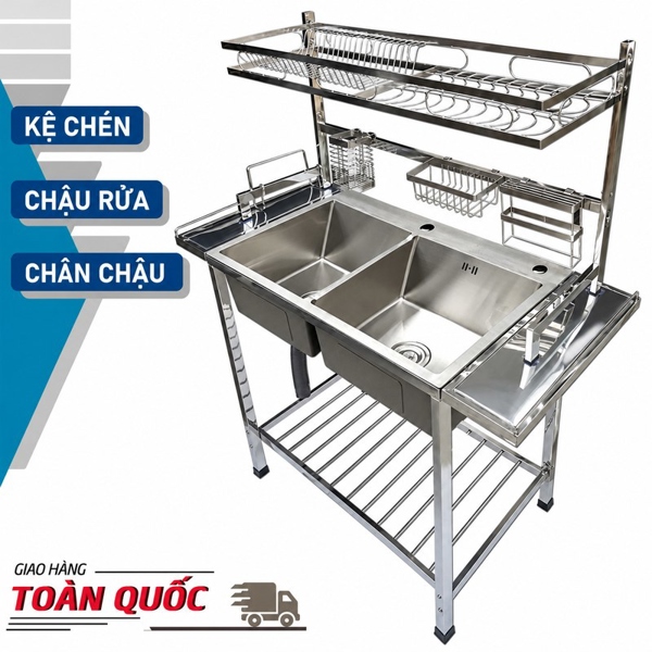 Chậu chén có chân Kazta 2 hộc- kệ 1 tầng