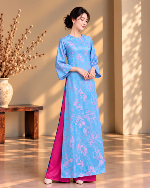 Áo dài suông lụa tằm cổ tròn