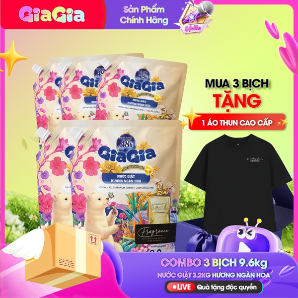 Combo 3 nước giặt GIAGIA Hương Ngàn Hoa 3.2kg + áo thun cổ tròn mẫu 2 size L