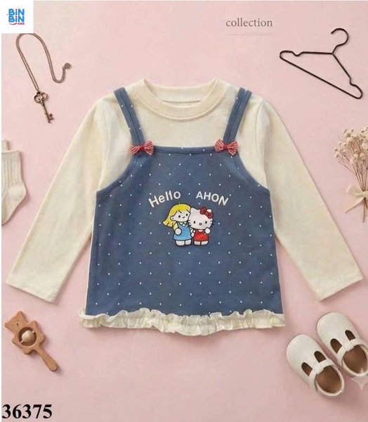 36375 Áo DT yếm xanh kitty chấm bi trắng