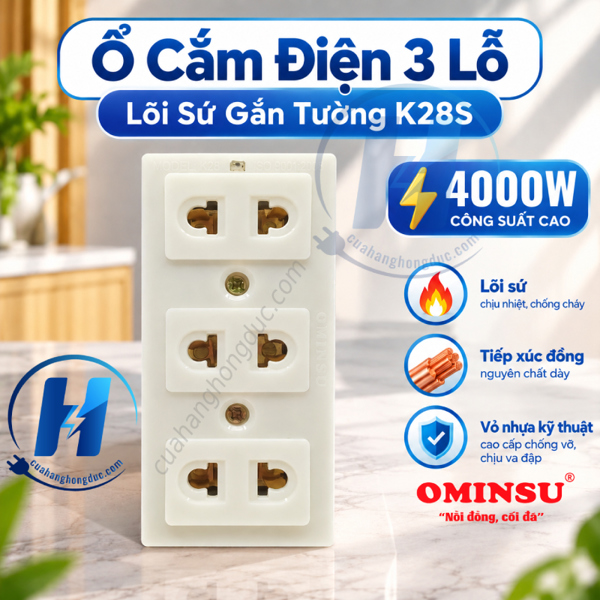 Ổ cắm 3 cửa lõi sứ K28S