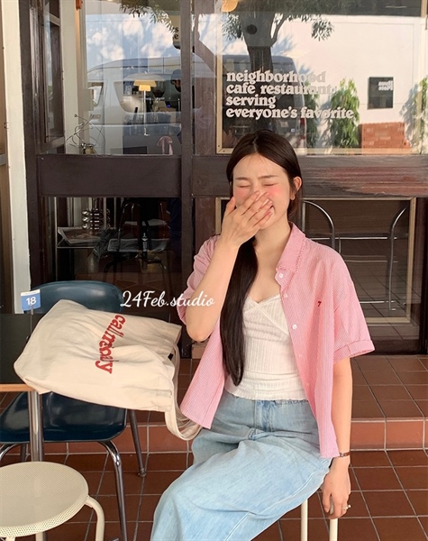 [K168] Áo sơ mi kẻ sọc thêu nơ dáng lỡ