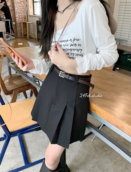 [An Hưng] Chân váy xếp li dáng ngắn kèm thắt lưng da