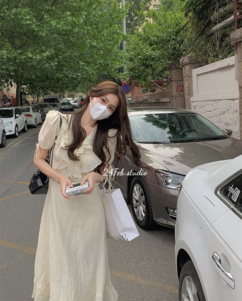 [Tép] Váy tơ nhăn bèo cổ dáng dài