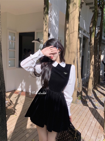 [Duy Nhung] Váy nhung dài tay phối cổ sen chiết eo