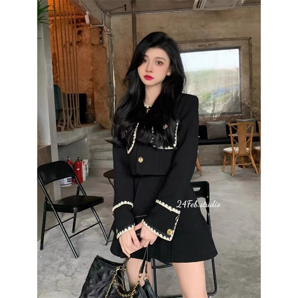 [SET35] Set áo dạ tweed viền kèm chân váy xòe