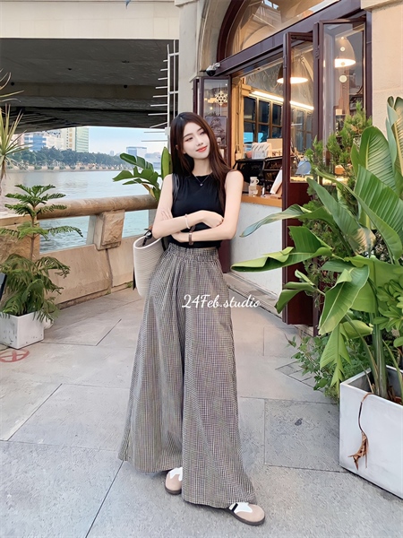 [Tép] Set áo zip kèm quần kẻ dáng xuông