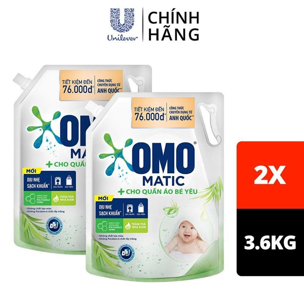 Nước Giặt Quần Áo Omo Matic Cho Bé Yêu Cho Máy Cửa Trước Và Cả Cửa Trên Túi 3.6kg