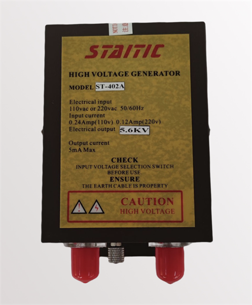 Hộp điện xử lý tĩnh điện hiệu: STATIC 6.5KV ST-402A. Input: 110V/60Hz hoặc 220V/50Hz ( 0,23A hoặc 0,12A ) Output: 5,6KV×2 (4,5mA). Nhiệt độ hoạt động: 0-50oC. Cân nặng: 2,5kg