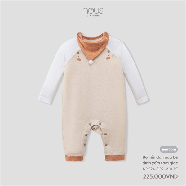 Bộ liền dài màu be đính yếm tam giác NB - Nous