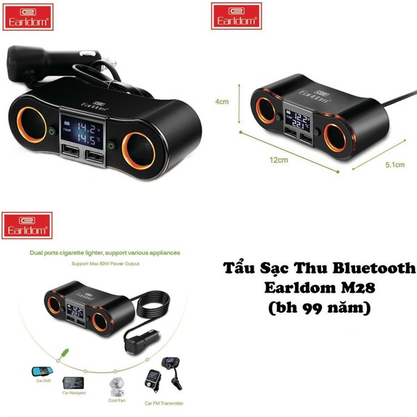 Tẩu sạc Earldom M28 thu bluetooth, chia 1 ra 2 tẩu, 2 cổng USB