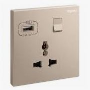 Ổ cắm đơn đa năng có công tắc 16A + USB Type A, màu champagne