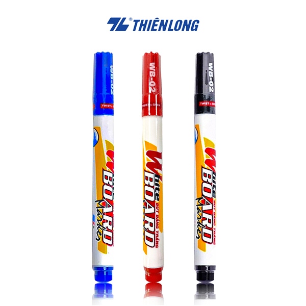 Bút lông bảng Thiên Long WB-02 với đầu bút 1.1mm- 3 màu mực- Xanh/ Đỏ/ Đen- Mực xoá được H20
