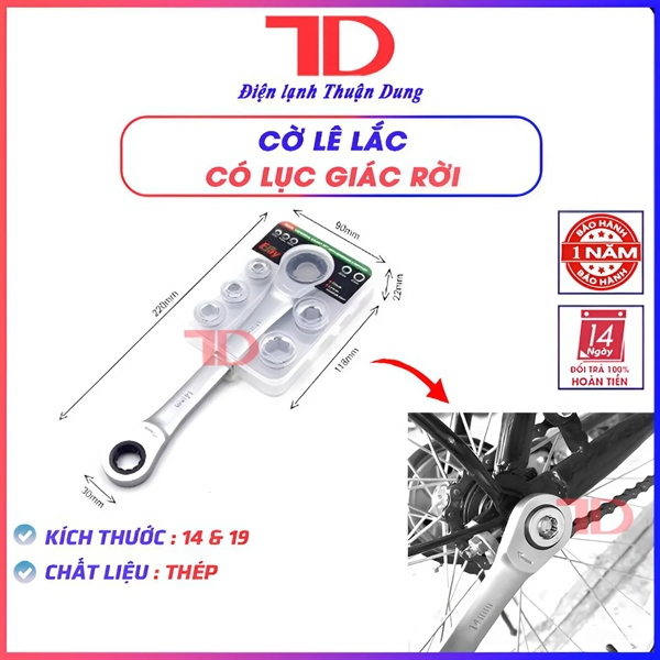 Cờ lê vòng hai đầu 14mm và 19mm kèm 5 con lục giác tăng giảm 8,10,12,13,17, Điện lạnh Thuận Dung