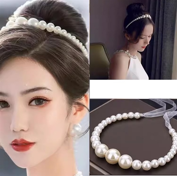 Cài tóc băng đô ngọc trai có dây ruy băng