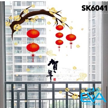 Decal Dán Tường Dán Kính Trang Trí Tết Họa Tiết Hoa Mai Vàng và Đèn Lồng Đỏ Đón Xuân SK6041 M3589