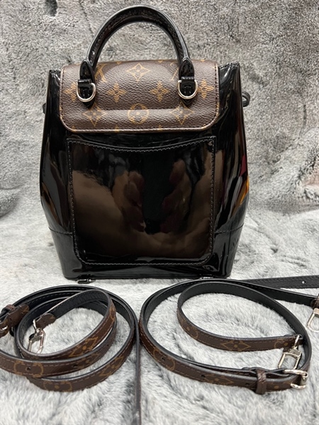 Balo LV đen nắp hoa nâu KG+