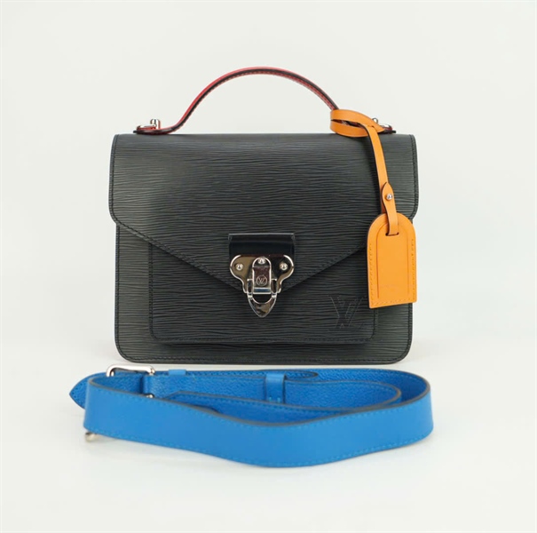 Túi LV vân đen lòng đỏ khoá bạc strap xanh dương size 23 +