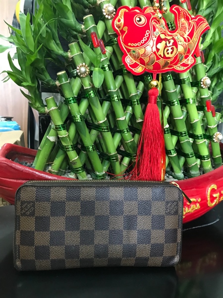 Ví Dài LV Ô Vuông Nâu Vàng Có Zip KG+