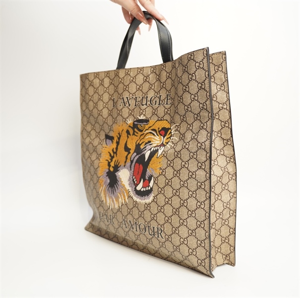 Túi GG tote nâu xám đầu hổ vàng 35cm TB+