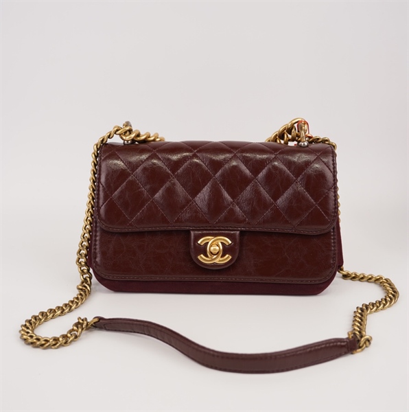 Túi Chanel đỏ đô da phối vải khóa vàng++