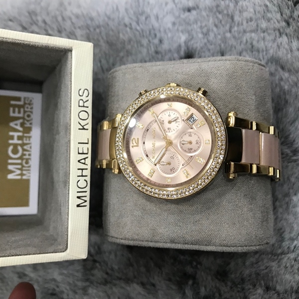 Đồng hồ MK hồng nhạt số đính đá+