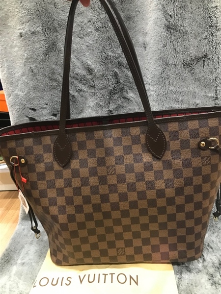 Túi LV Neverfull ô vuông nâu lòng đỏ KG+