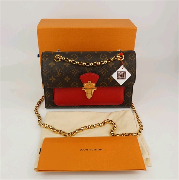 Túi LV Victoria hoa nâu phối đỏ khoá vàng +