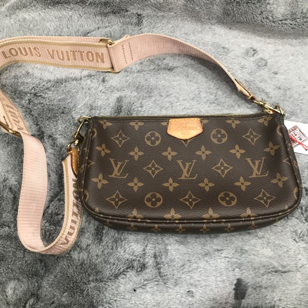 Túi LV đeo chéo hoa nâu dây hồng +