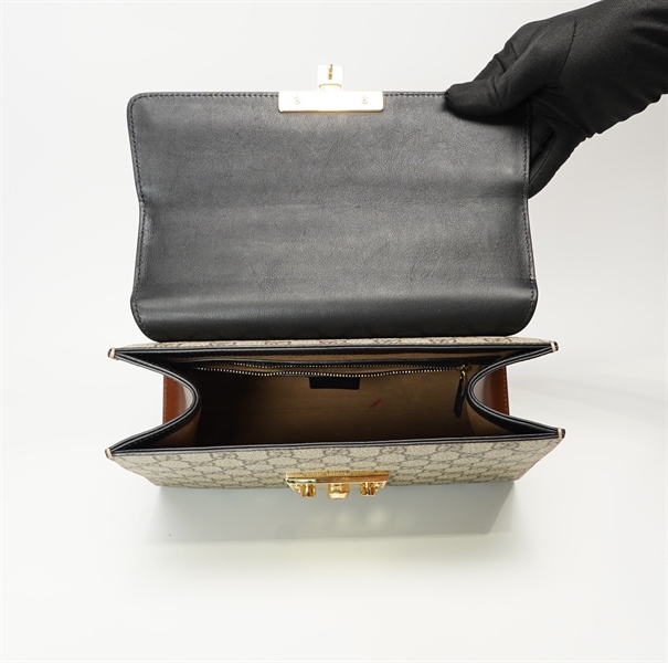 Túi hộp GG hoạ tiết phối da nâu +