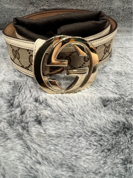 Thắt lưng Gucci nâu viền trắng KG+