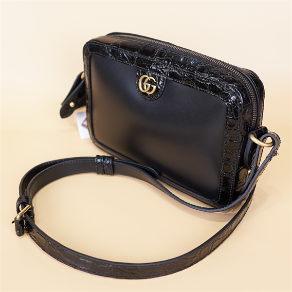 Túi xách GG đen viền da cá sấu +