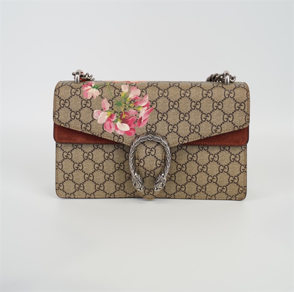 Túi GG đầu rồng hoa phối nâu +