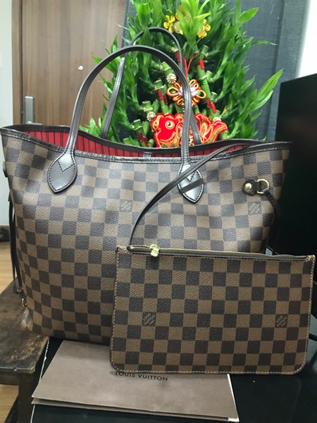 Túi Neverfull LV Ô Vuông Nâu Kèm Pound+