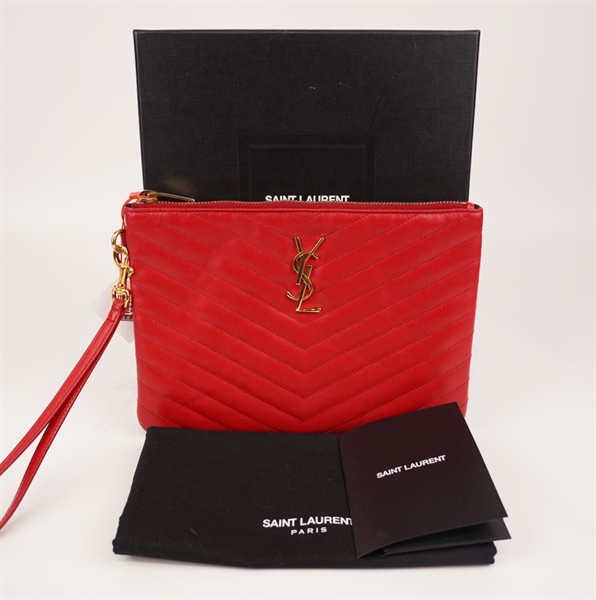 Túi Clutch YSL đỏ logo vàng KG+