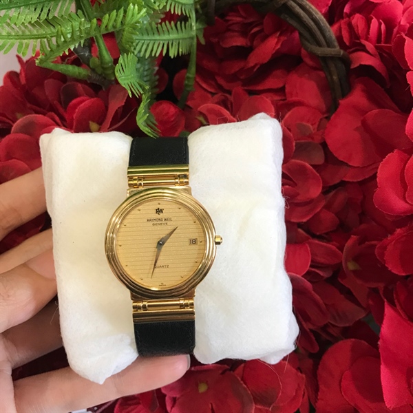 Đồng hồ Raymond weil geneven mặt vàng dây đen KG+