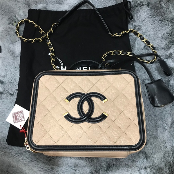 Túi chanel hộp hồng nude viền đen KG+