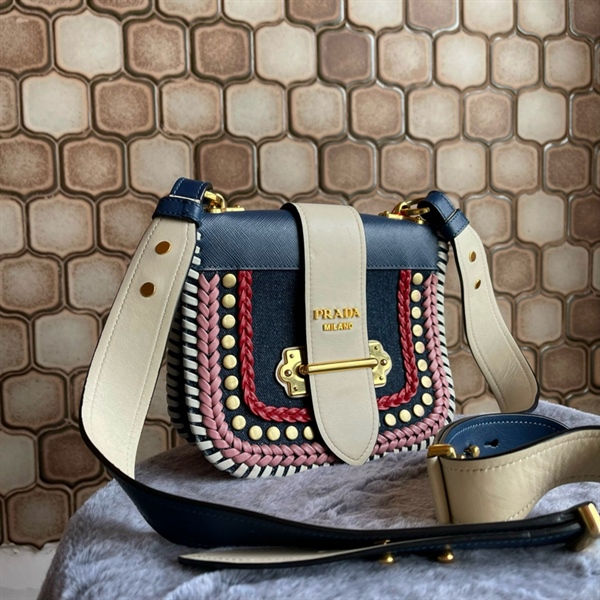 Túi Prada Jean Xanh Viền Hồng Đỏ KG+