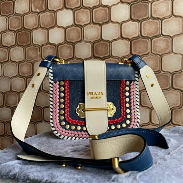 Túi Prada Jean Xanh Viền Hồng Đỏ KG+